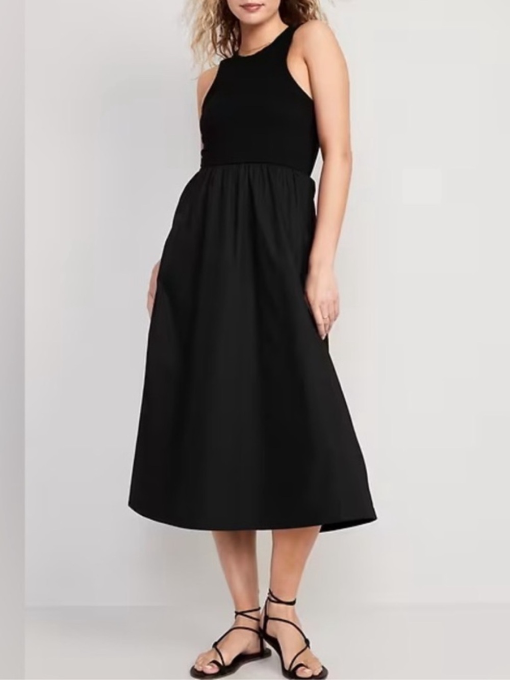 Old Navy NEW Black Fit & Flare Midi Dress Mixed Neutral Normcore Coastal Large